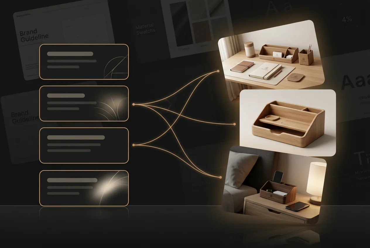 Brand guideline presentation with wooden desk organizers, office accessories, and golden connecting lines on dark background