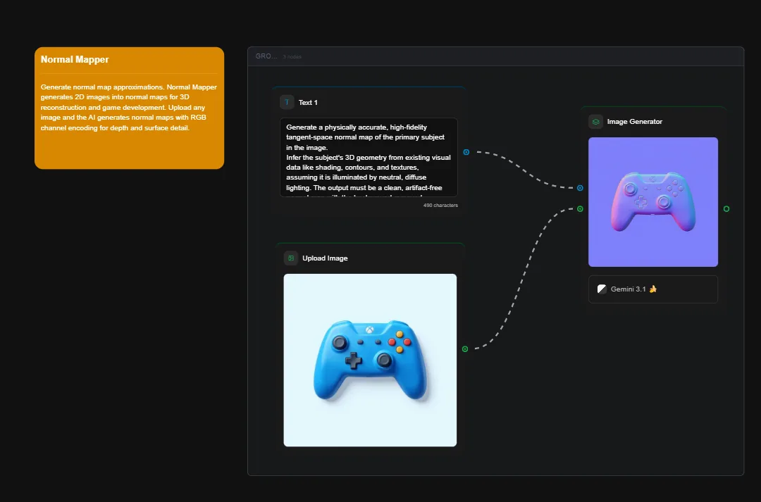AI normal mapper tool interface showing blue gaming controller conversion to 3D normal map with purple gradient preview