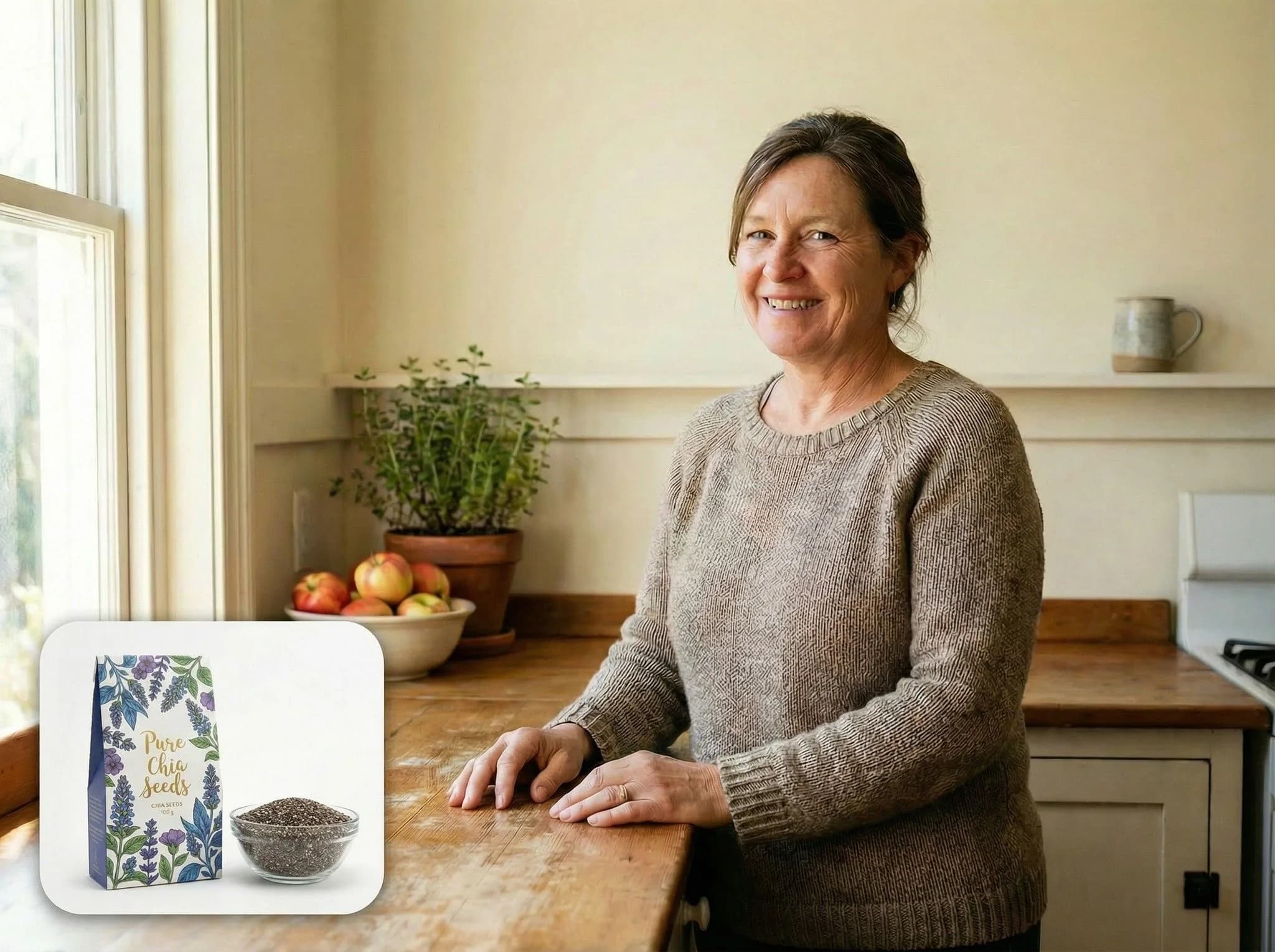 Woman in beige sweater at wooden kitchen counter with chia seeds product box and bowl, green plants and natural light from window