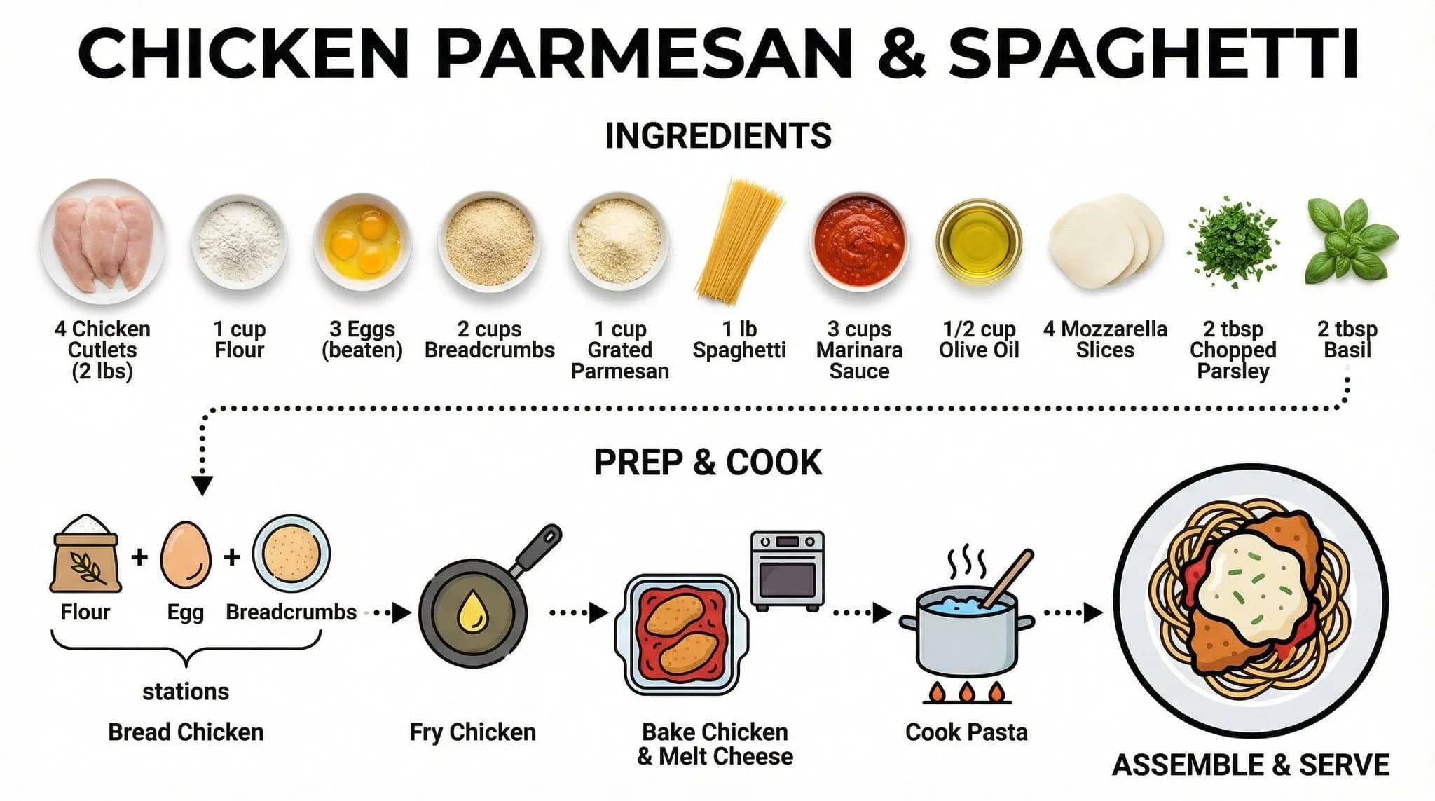 Chicken Parmesan and Spaghetti recipe infographic showing ingredients and step-by-step prep and cook instructions with final plated dish