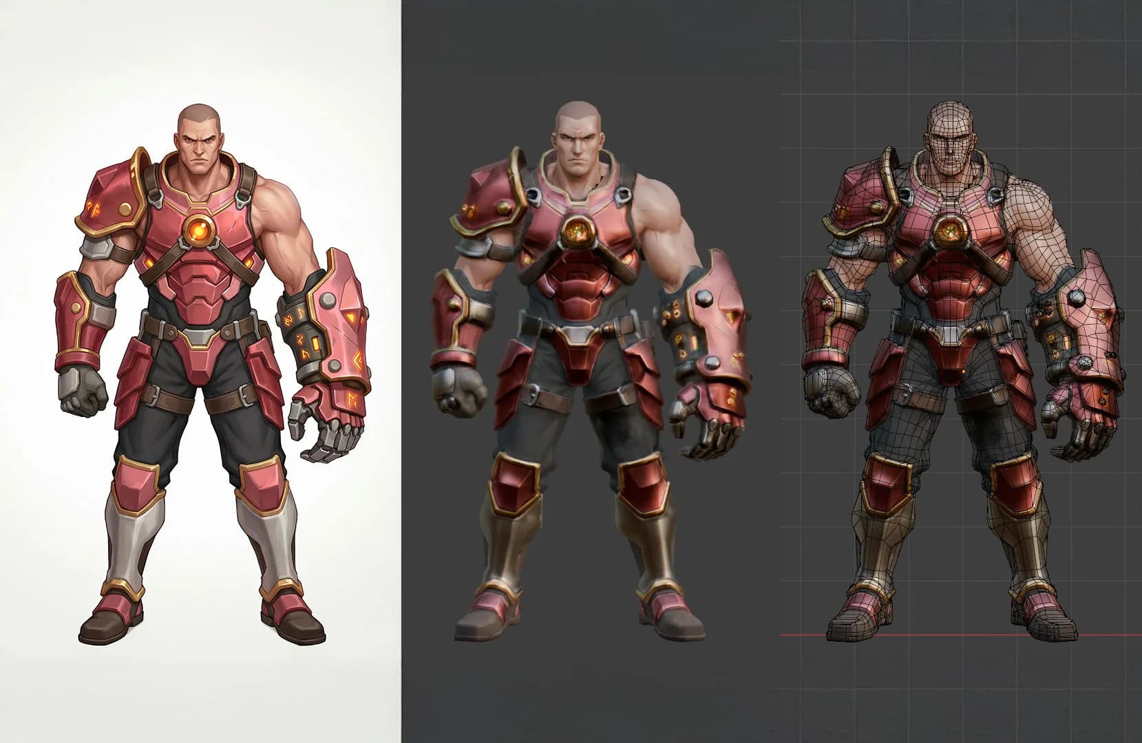 Muscular armored warrior in red and gold futuristic exosuit with glowing core, shown in three rendering stages from concept to wireframe