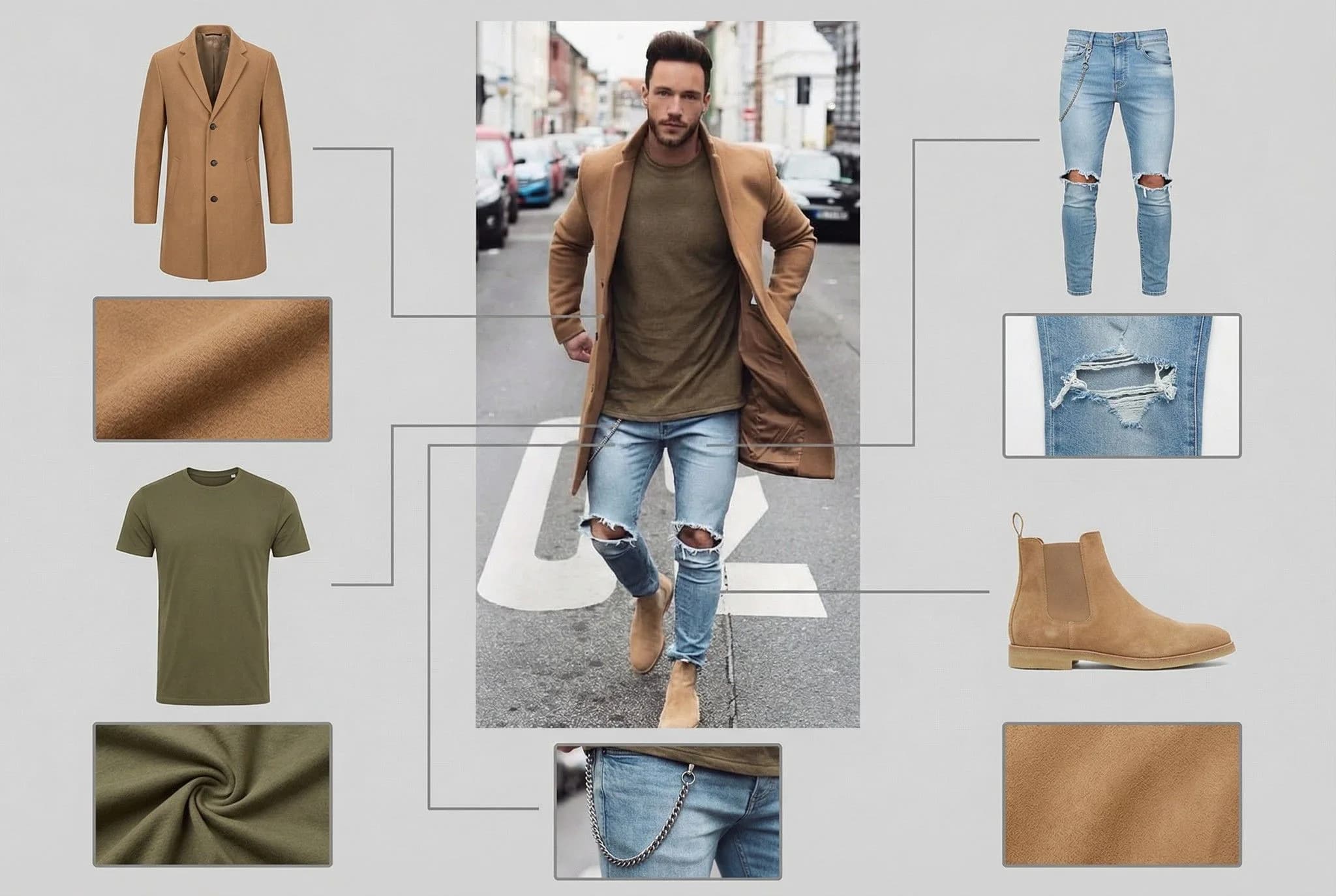 Men's casual outfit featuring camel coat, olive t-shirt, distressed jeans, and suede chelsea boots with coordinating accessories and fabric swatches