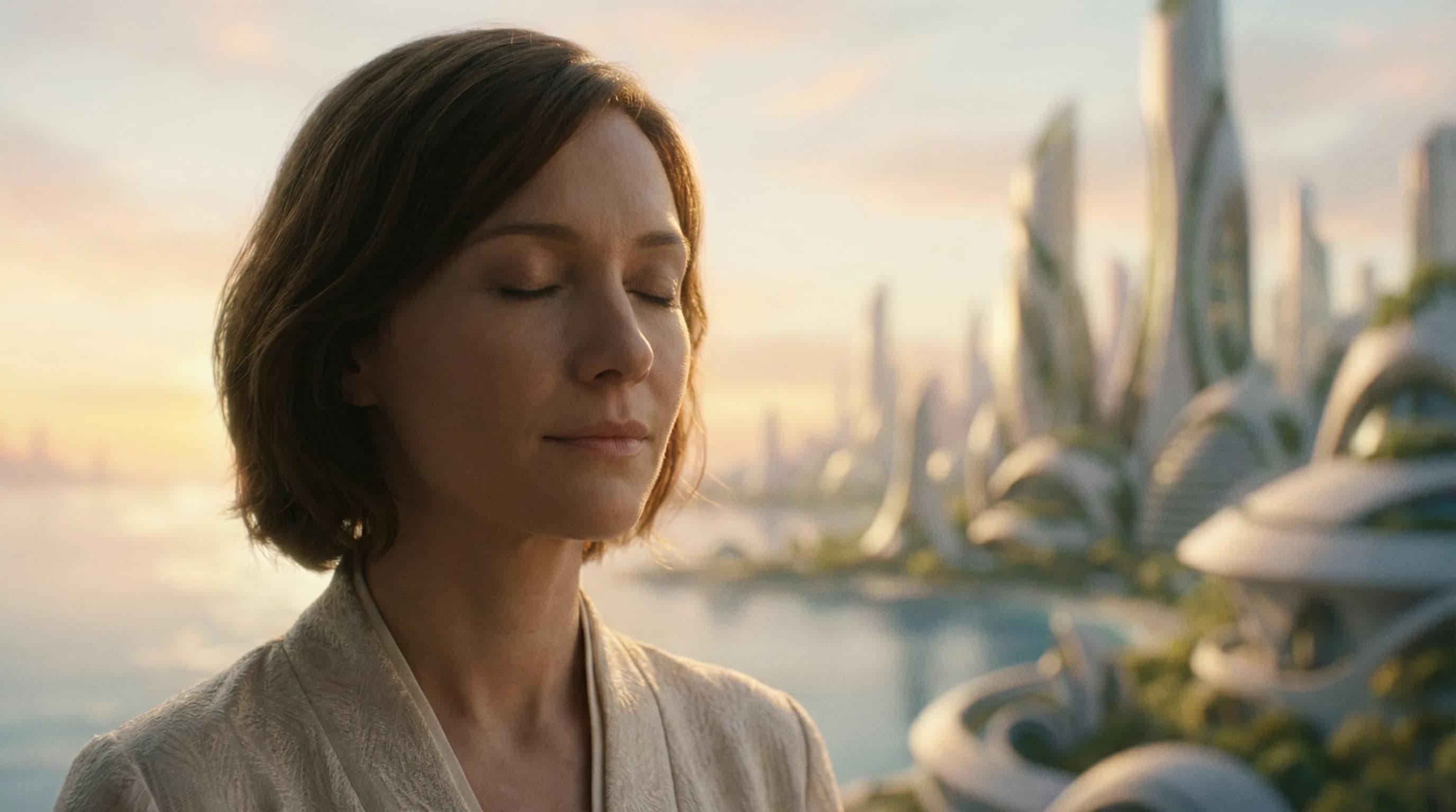 Woman with eyes closed meditating peacefully overlooking futuristic city with curved white architecture and water
