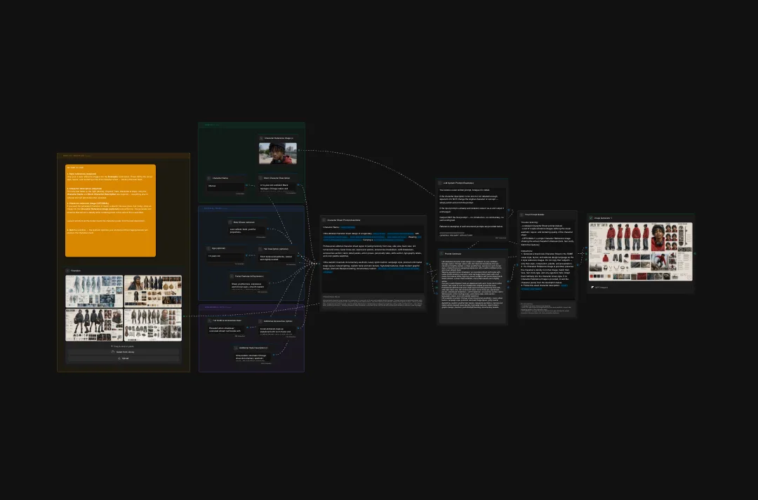 Design research project presentation boards showing character studies, fashion design concepts, and connected data visualizations on dark background