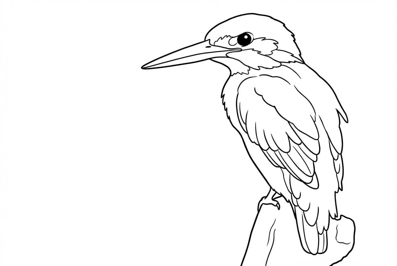 Kingfisher bird line drawing with detailed feathers and long pointed beak, sketch style illustration for coloring