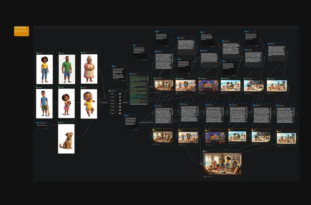 Character design system showing diverse family members and animated storyboard scenes with visual development and narrative flow mapping