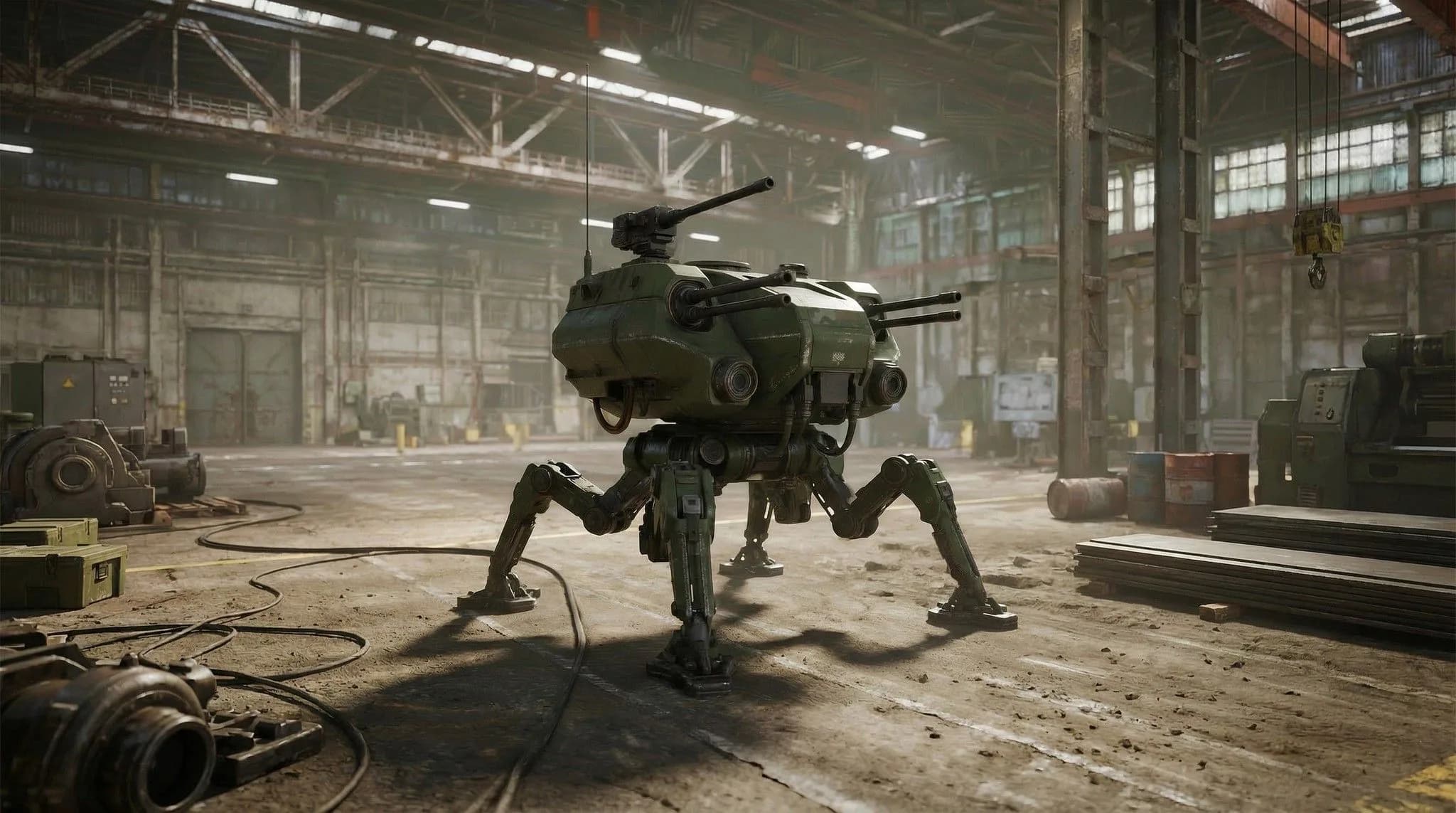 Military walker robot with weapons in abandoned industrial warehouse with steel beams and concrete floor
