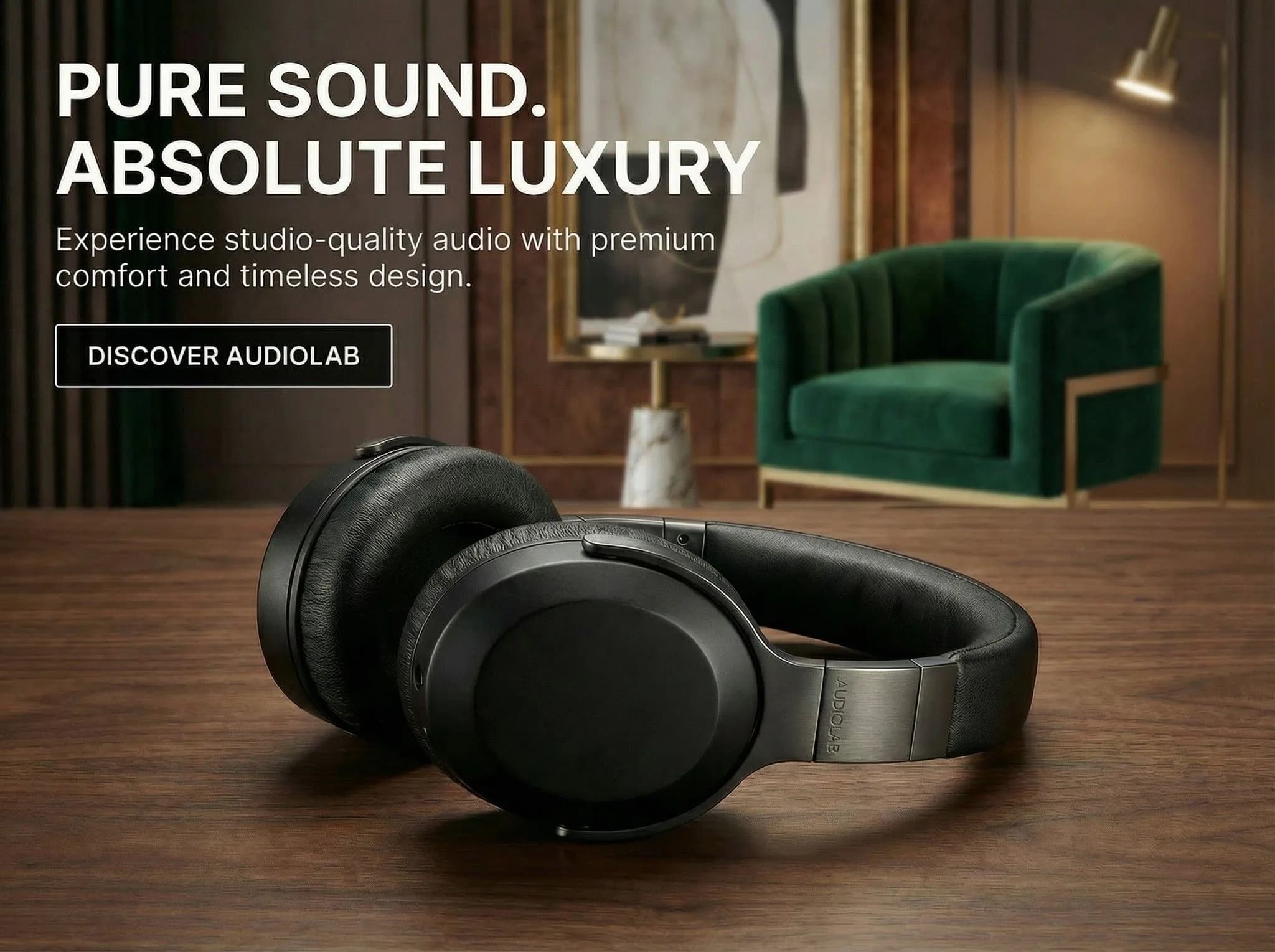Premium black studio headphones on wooden table in luxury living room with green velvet chair and gold accents
