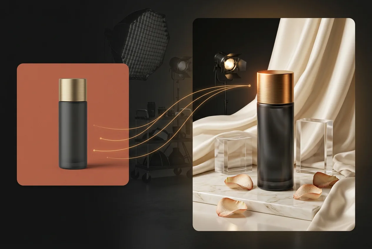 Luxury skincare product bottle with gold cap and black glass on marble surface, surrounded by cream fabric and rose petals in professional studio setting