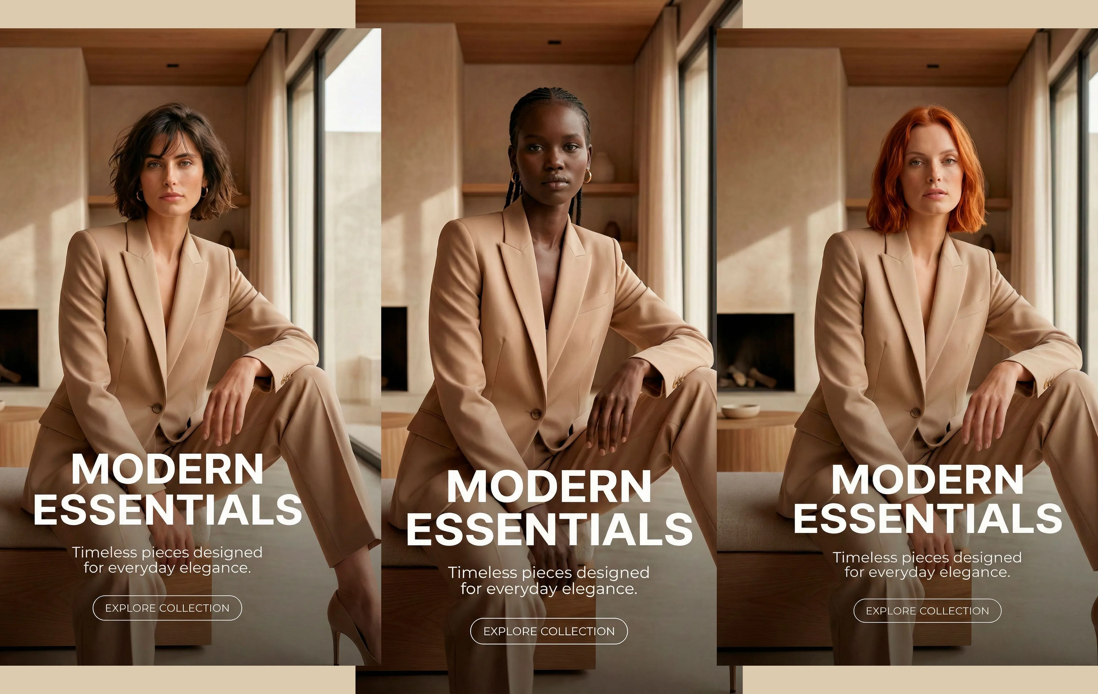 Three diverse women wearing neutral beige blazers in a minimalist modern office setting, showcasing timeless fashion essentials and everyday elegance