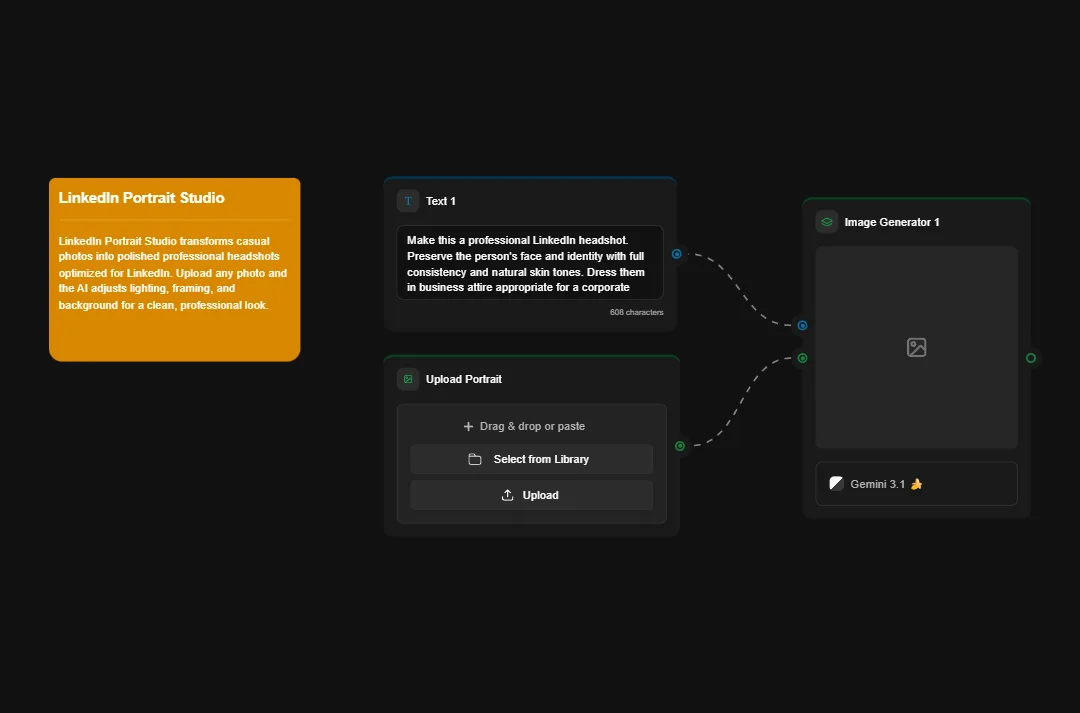 LinkedIn Portrait Studio AI tool interface showing upload options, text prompt for professional headshots, and Gemini 3.1 image generator with adjustment controls