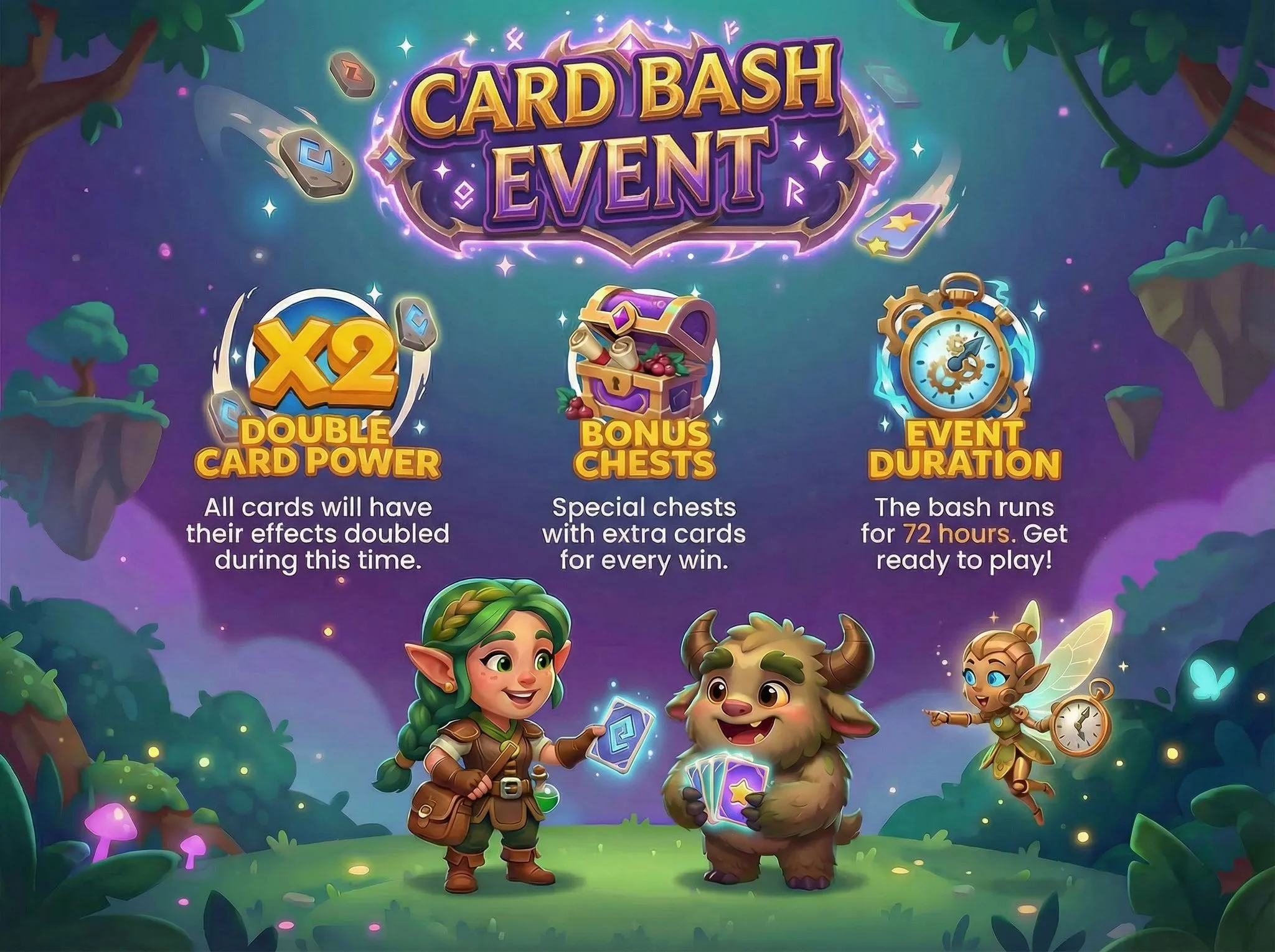 Card Bash Event game promotion featuring fantasy characters with x2 double card power, bonus chests, and 72-hour event duration against magical forest background