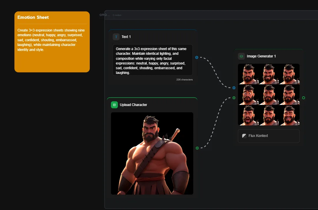 AI character expression sheet showing 3x3 grid of male fantasy warrior with nine different facial emotions including neutral, happy, angry, surprised, sad, confident, shouting, embarrassed, and laughing while maintaining consistent lighting and character identity