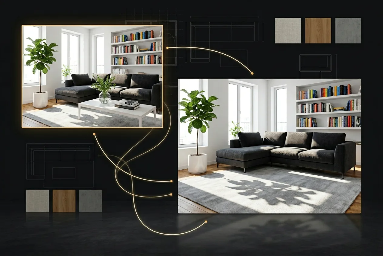 Modern living room design presentation with black sectional sofa, built-in bookshelves, potted plant, and material color swatches on dark background