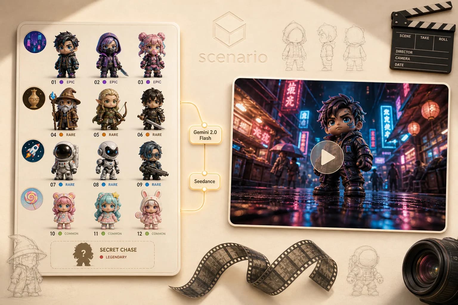 Anime character collection sheet with numbered rare and epic chibi characters, displayed with cyberpunk cityscape video preview, film strip, and director clapperboard