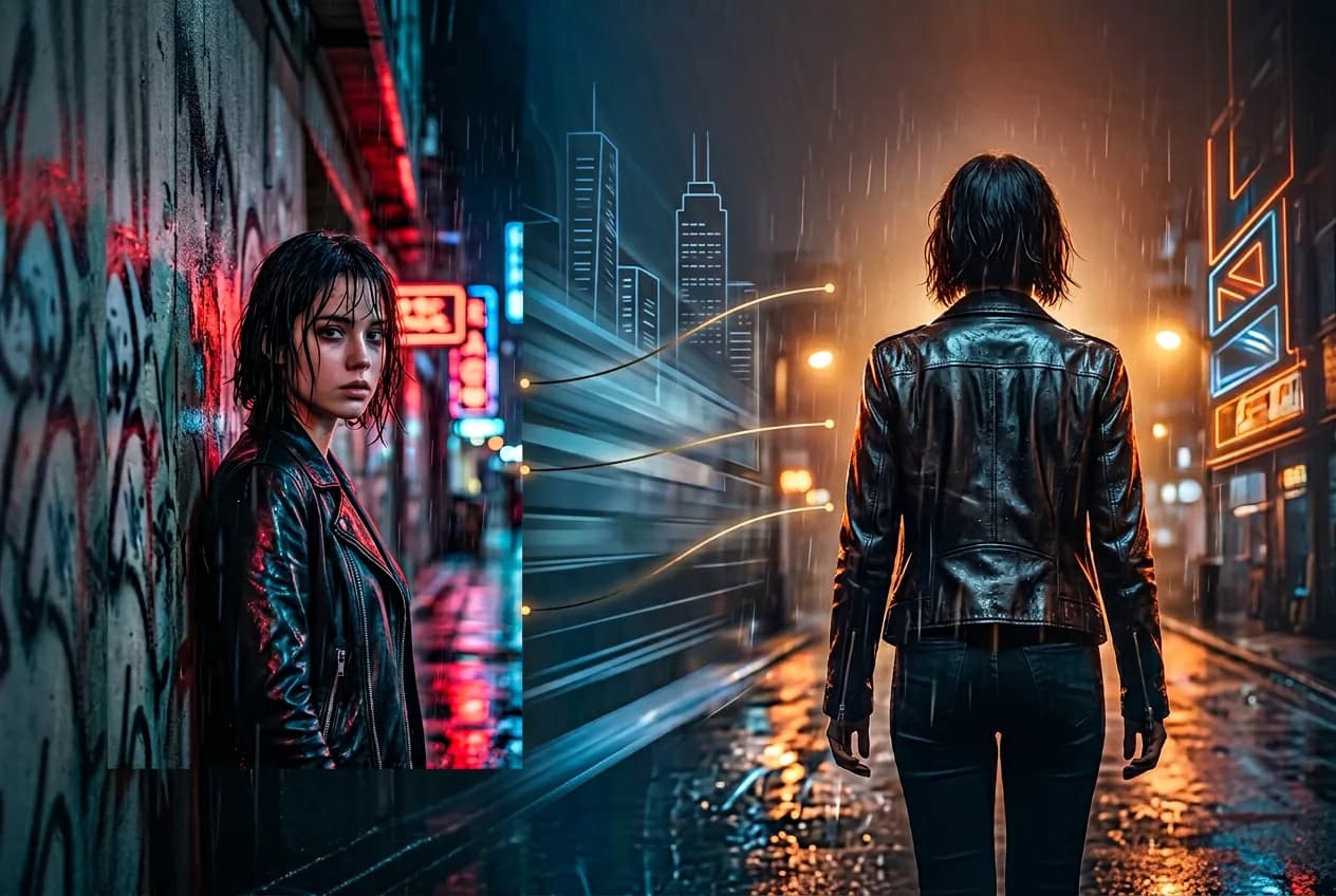 Woman in black leather jacket standing in futuristic cyberpunk city street with neon signs, rain, and glowing buildings at night