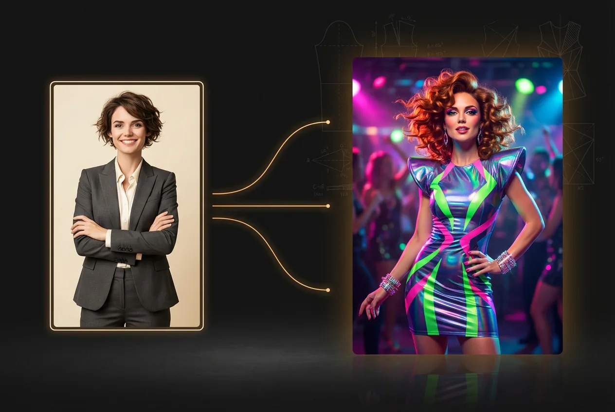Before and after AI transformation: professional businesswoman in blazer converted to glamorous party girl in neon holographic dress with red curly hair at nightclub