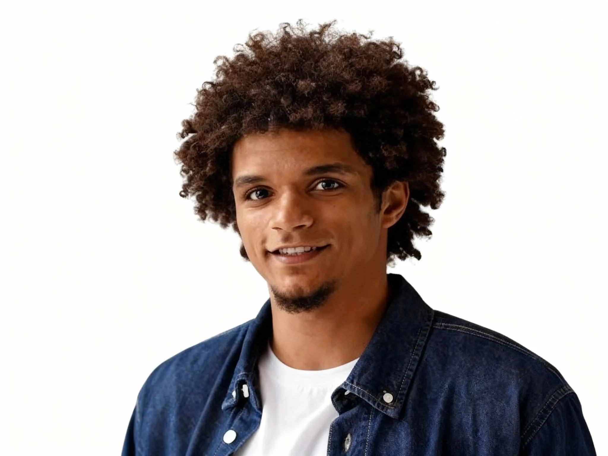 Smiling young man with curly brown hair wearing navy denim shirt over white t-shirt, portrait headshot on white background