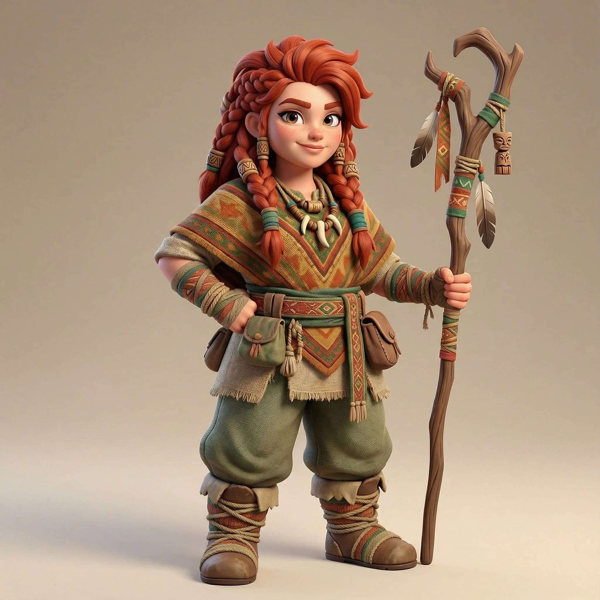 Animated female Viking warrior with vibrant red braided hair holding ornate wooden staff, wearing earthy-toned traditional Norse clothing with geometric patterns and leather details