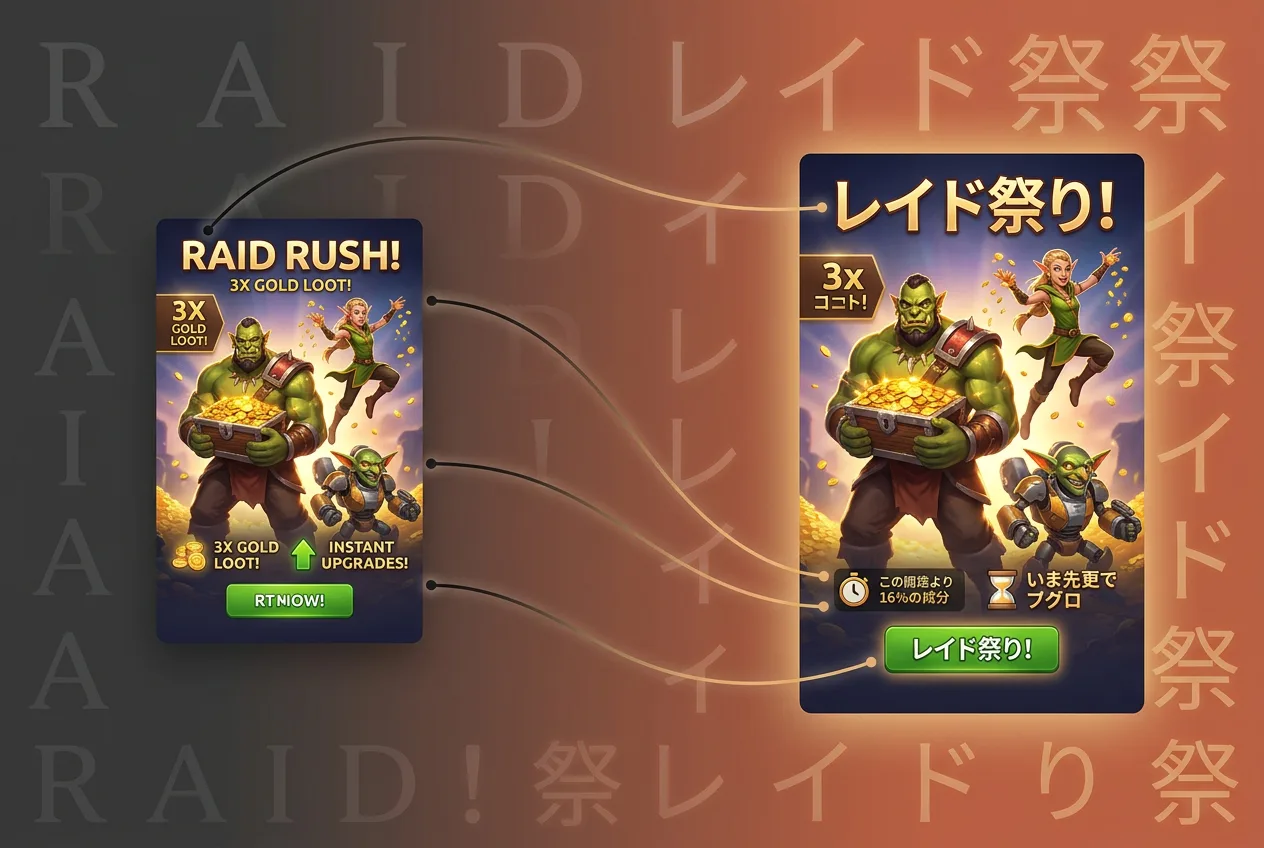 Raid Rush event banners with 3x gold loot promotion, featuring green ogre characters and treasure chests in fantasy game UI design