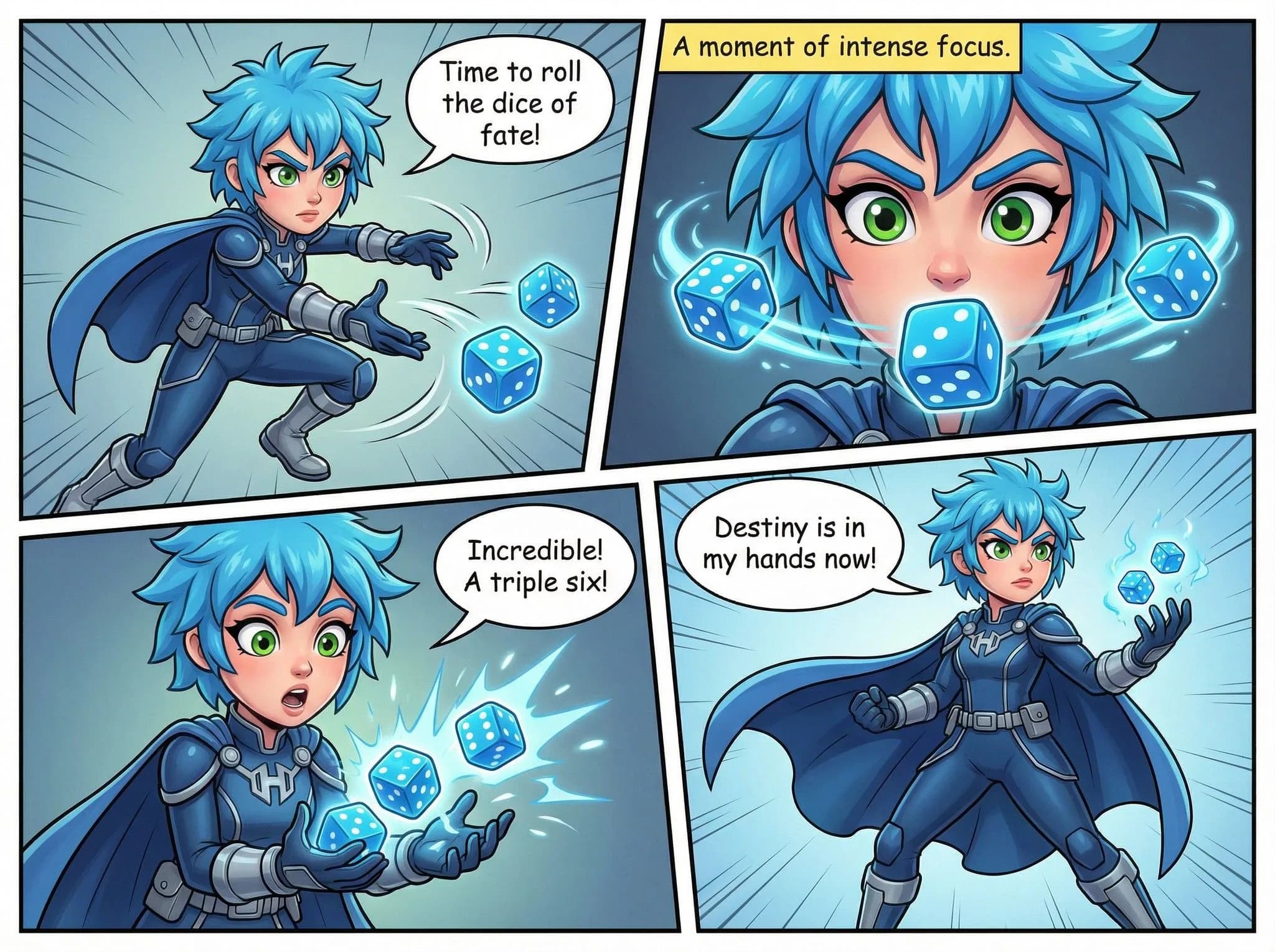 Anime character with blue spiky hair rolling glowing dice in four-panel manga comic, saying 'triple six' with magical energy effects