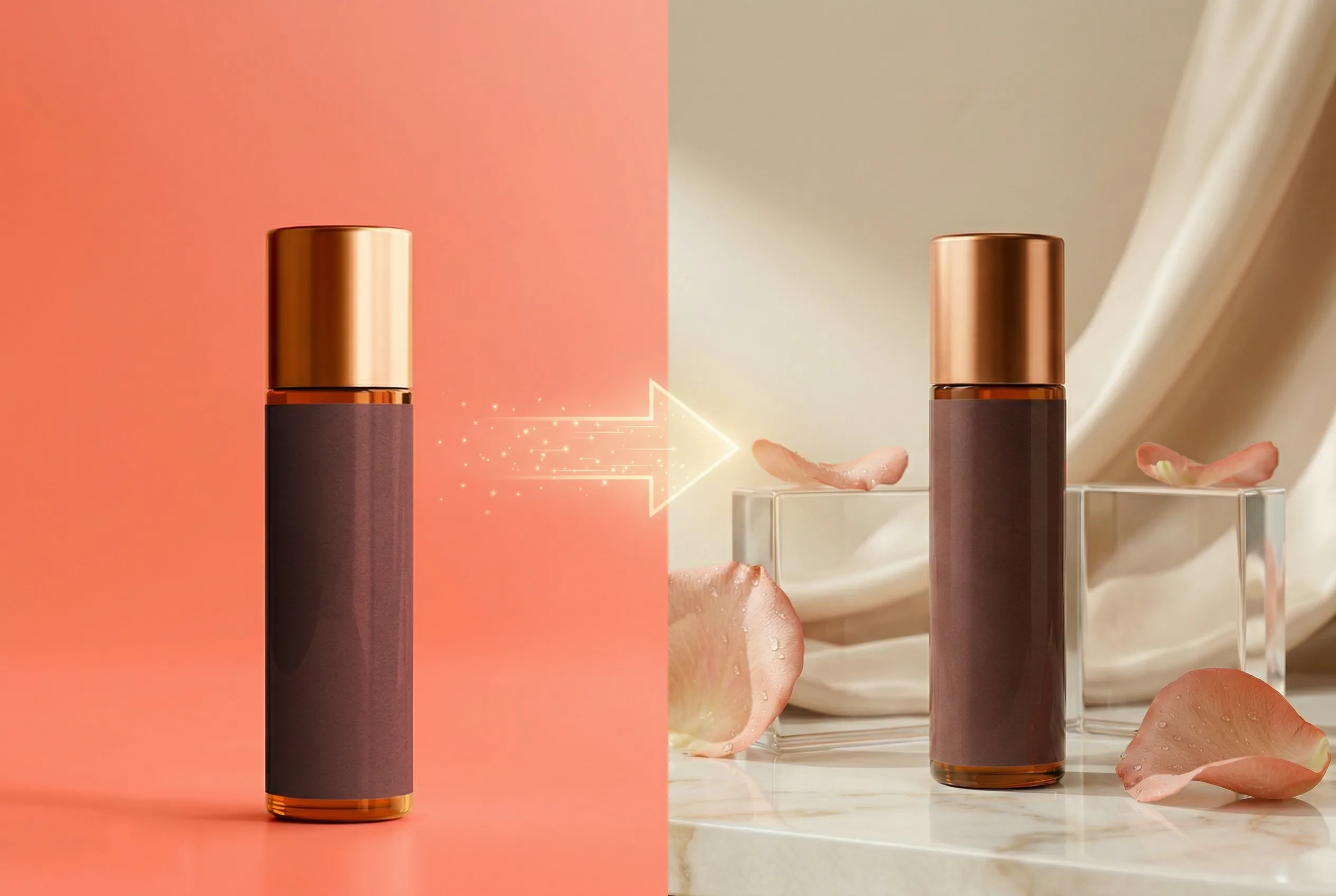 Luxury brown cosmetic serum bottles with golden caps shown before and after application with glowing skin effect and rose petals