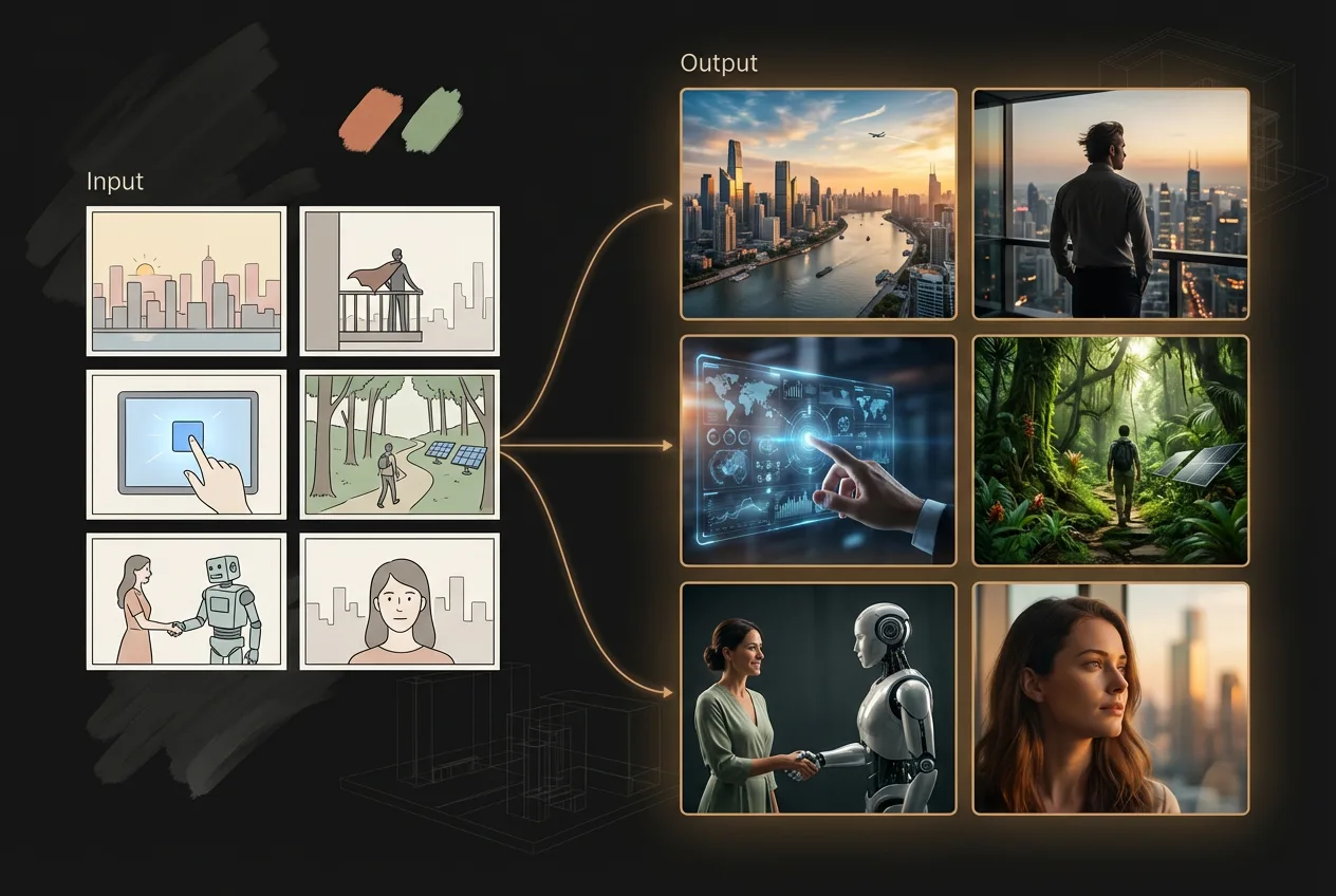 AI image generation process showing input sketches converting to photorealistic outputs including cityscapes, technology interfaces, nature scenes, and human-AI interaction