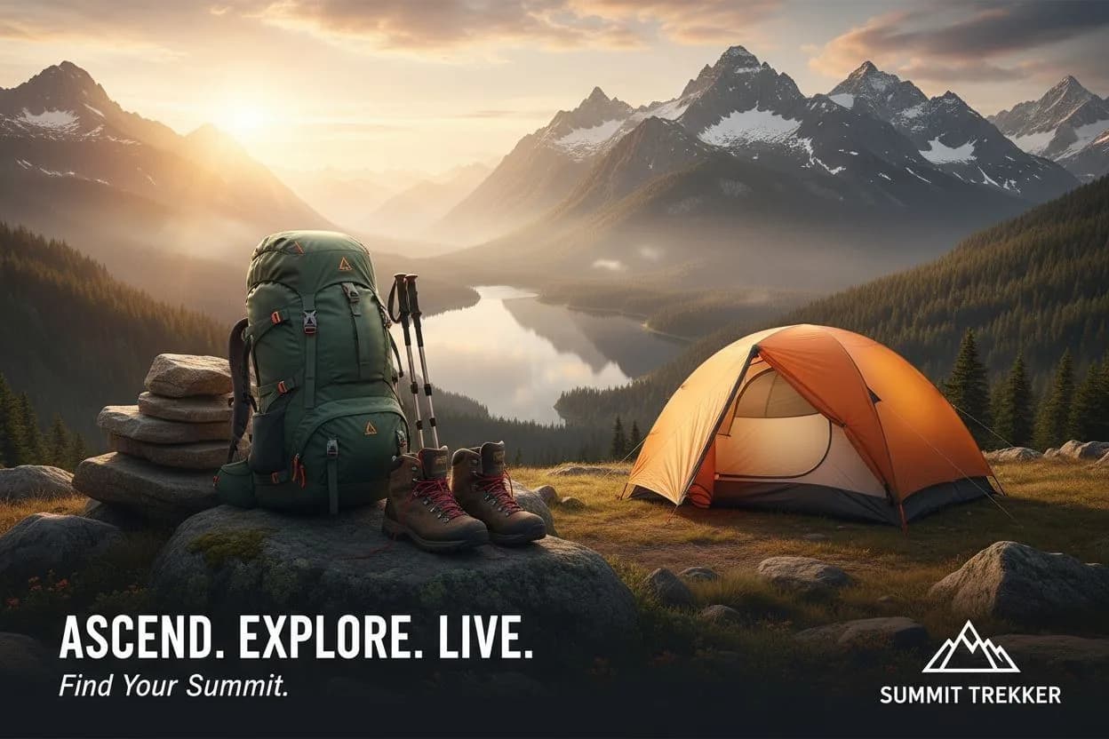 Mountain camping setup with green backpack, hiking boots, orange tent, and snow-capped peaks at sunrise in alpine valley landscape