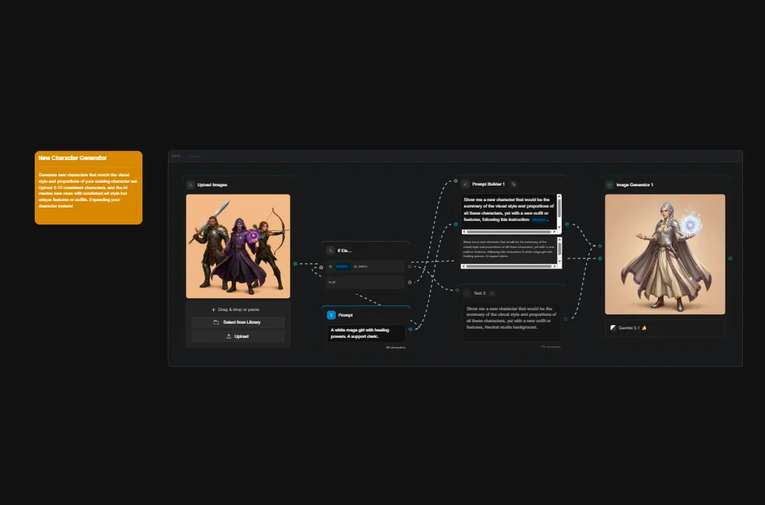 AI character generator interface showing fantasy character creation with uploaded images of warriors and mages, prompt builder, and image comparison tools for generating custom fantasy characters