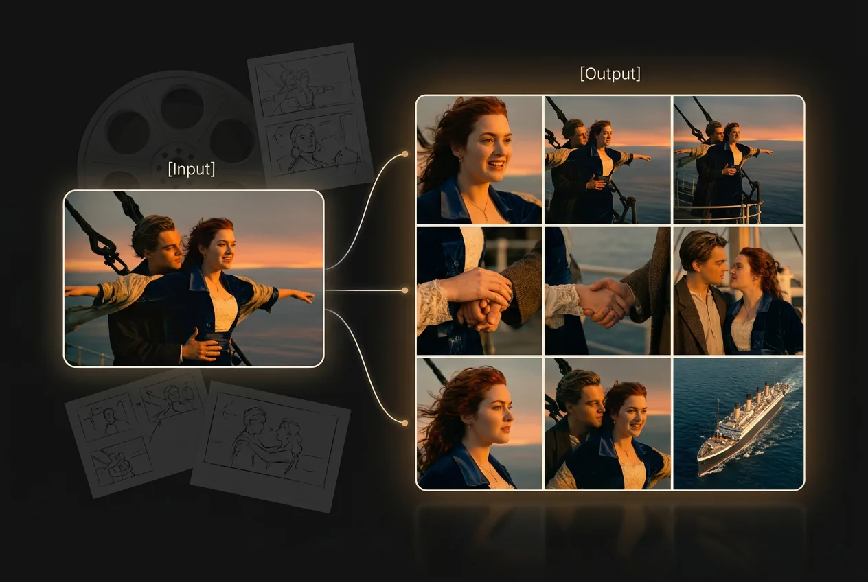 Titanic movie iconic bow scene with couple transformed into multiple variations showing AI image generation process from input to output