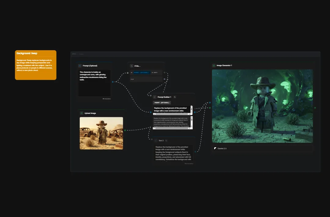 AI image generation software interface showing prompt editing tools, uploaded reference image, and generated output of character in glowing green cave environment