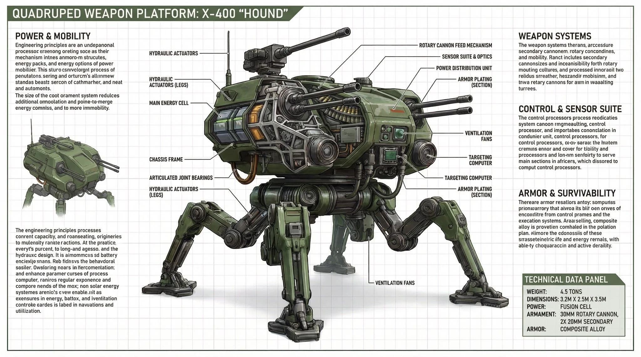 X-400 Hound quadruped weapon platform technical schematic showing armor plating, rotary cannons, hydraulic systems, and tactical specifications