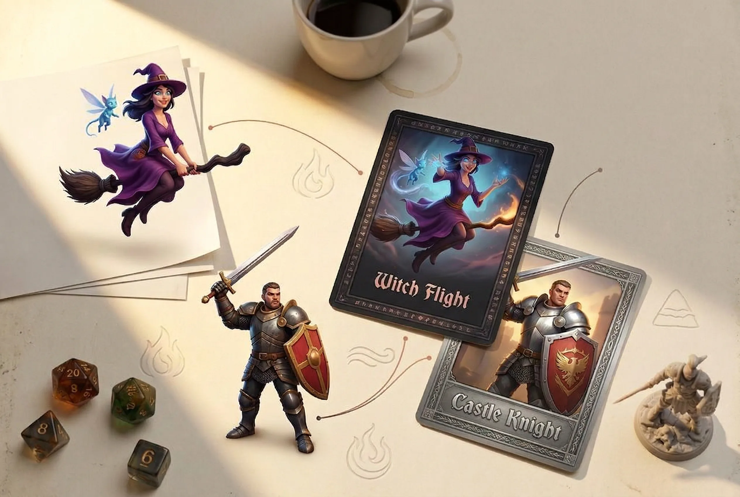 Fantasy game cards featuring a witch on broomstick and armored knight with sword, surrounded by polyhedral dice and coffee mug on cream surface