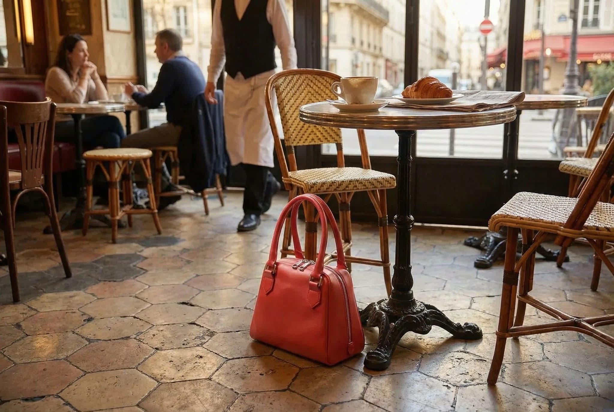Red handbag placed on floor of classic Parisian cafe terrace with wicker chairs, wooden tables, and Haussmann architecture visible through windows