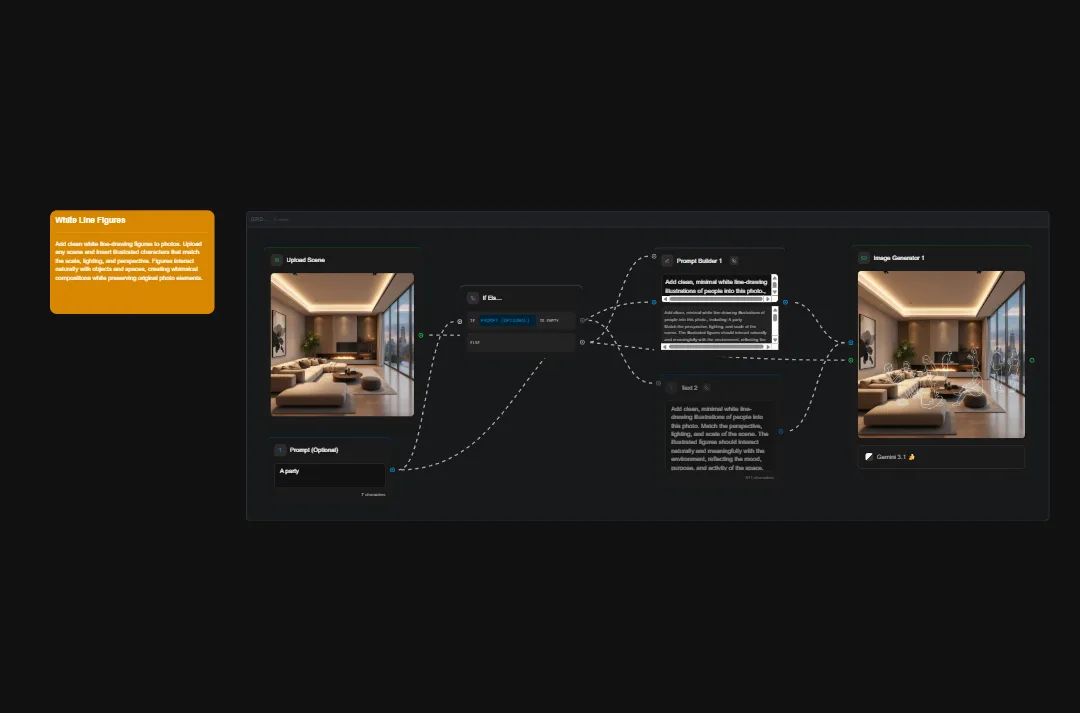 Video use figures UI showing AI interior design workflow with luxury living room images and prompt guidance system on dark background