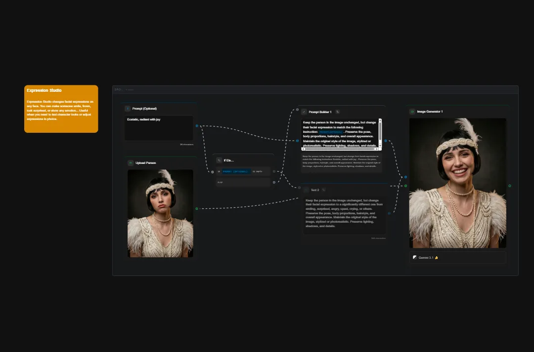 AI portrait generation studio interface showing expression editing controls with before and after female portrait comparisons featuring vintage styling and pearl accessories