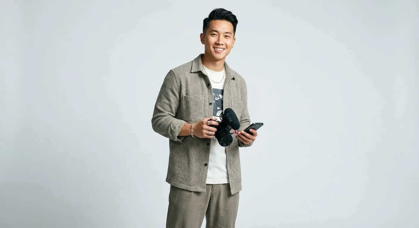 Smiling young Asian man holding video game controller wearing beige cardigan and white shirt against light gray background