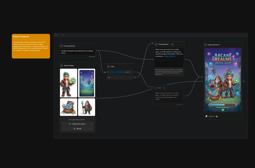 Popup Composer AI image generator interface showing uploaded game character images, prompt builder workflow, and Arcane Realms Crystal Quest game art preview on dark dashboard