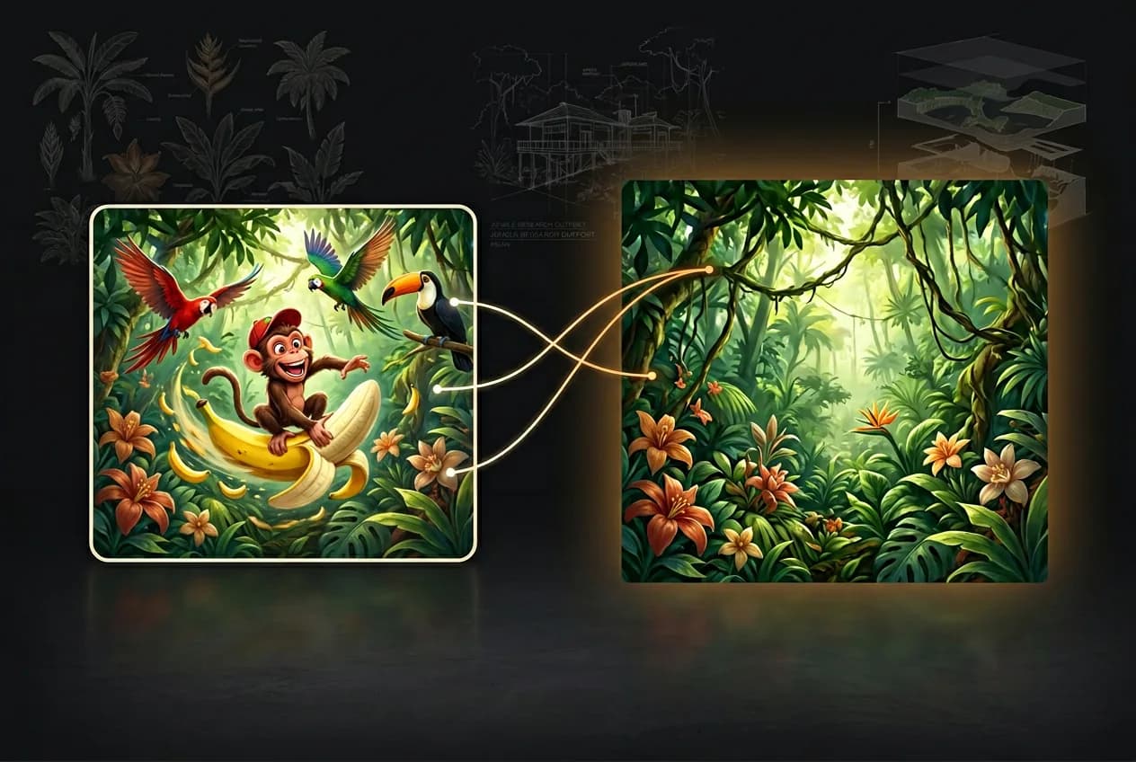 Cartoon monkey holding banana surrounded by tropical parrots, colorful flowers and lush jungle foliage in vibrant digital art style