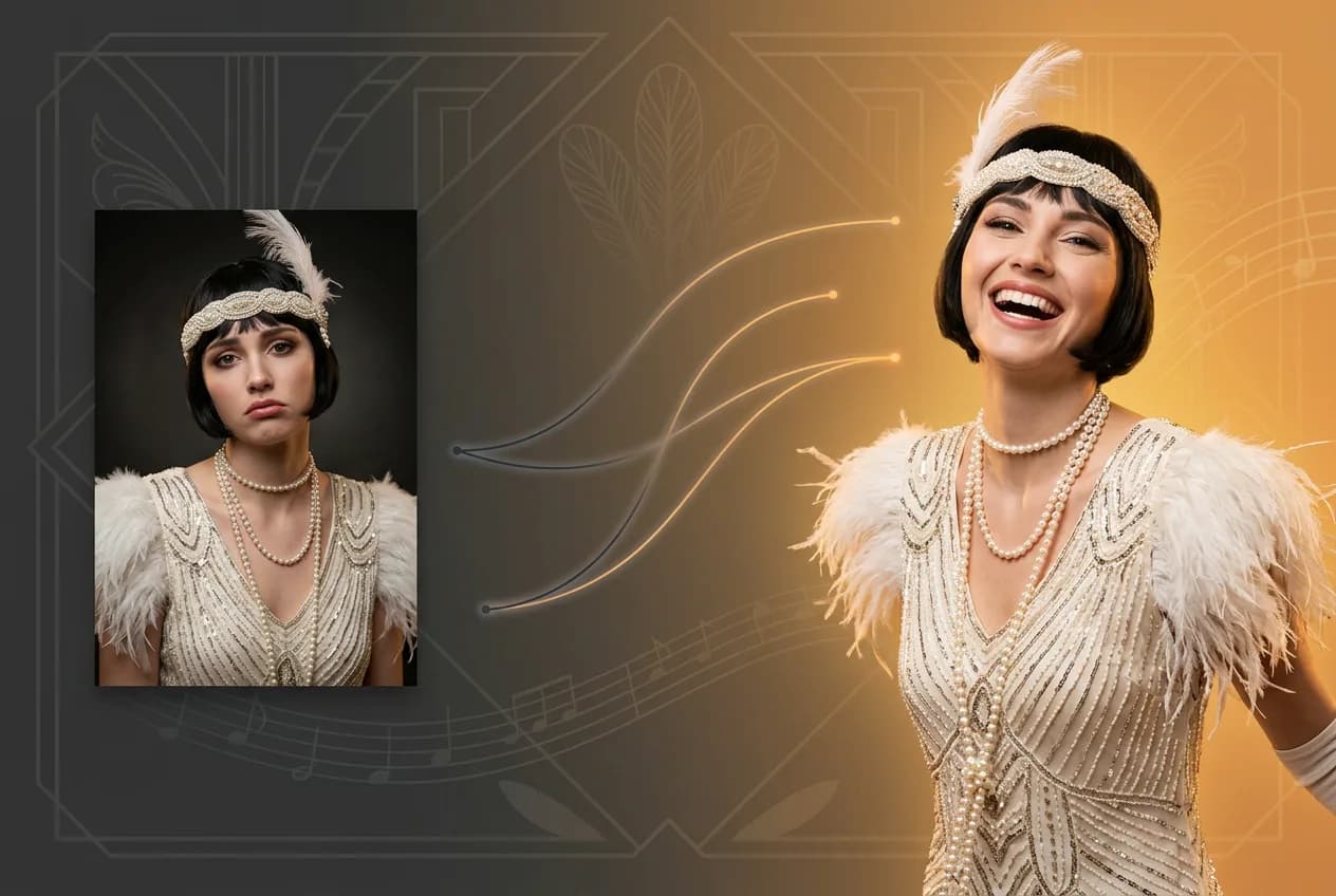 1920s flapper woman in beaded dress, feather headband, and pearl necklace against golden art deco background