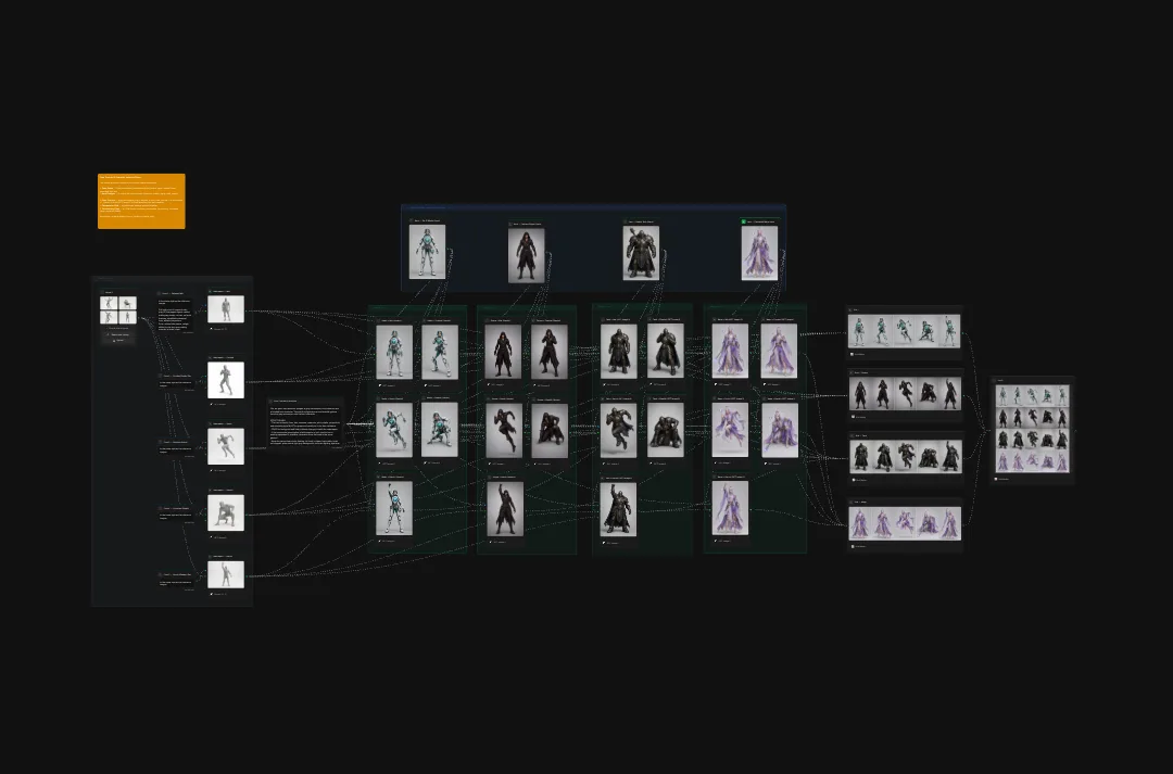 Character design sheet showing multiple character variations and poses for video game or animation concept art development