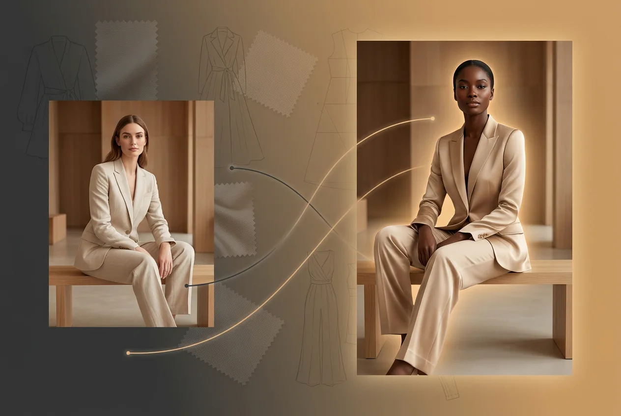 Two professional women wearing tailored beige blazers and pants sitting on wooden benches in a minimalist studio with warm lighting and fashion sketches in background