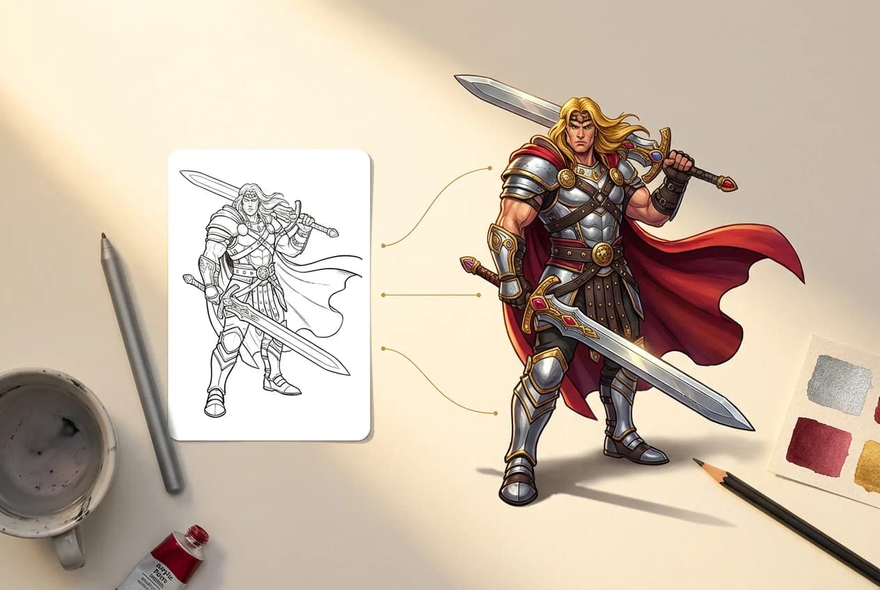 Fantasy warrior character design showing sketch and colored illustration with sword, armor, red cape, and golden details