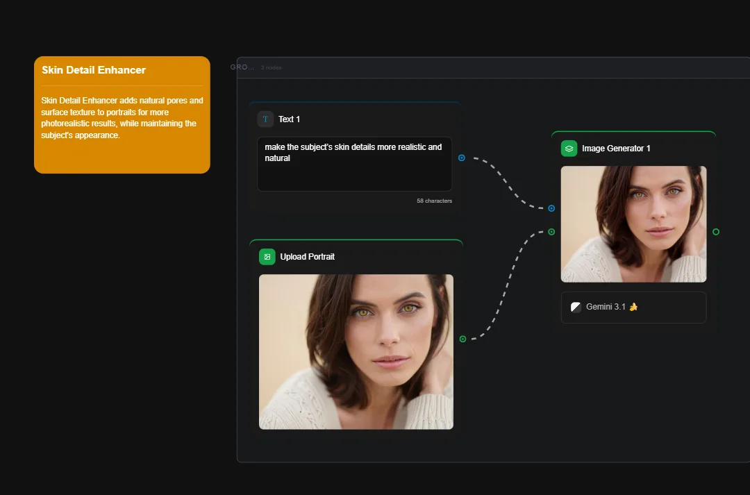 AI skin detail enhancer tool interface showing portrait photo editing with before and after comparison of woman's face with enhanced skin texture and pore detail