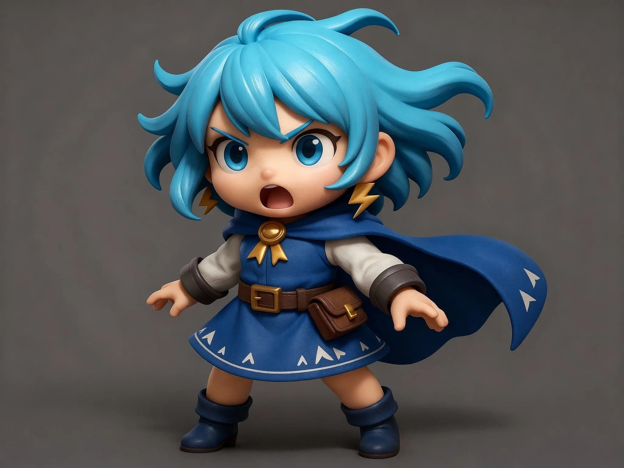 3D anime character girl with cyan blue hair, blue superhero outfit, brown belt, and cape with excited expression