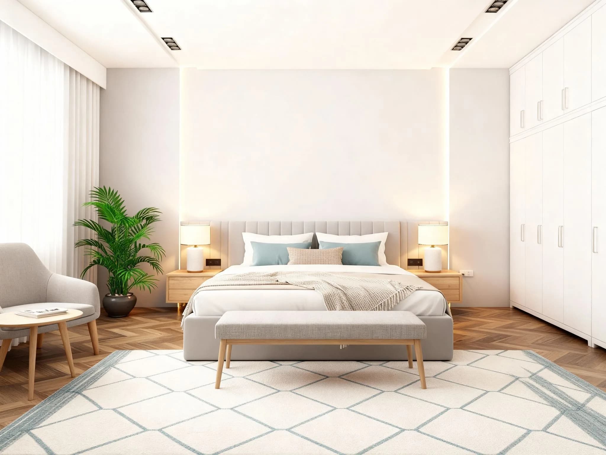 Modern minimalist bedroom with beige bed, wood nightstands, warm lighting, green plant, geometric area rug, and white built-in wardrobes