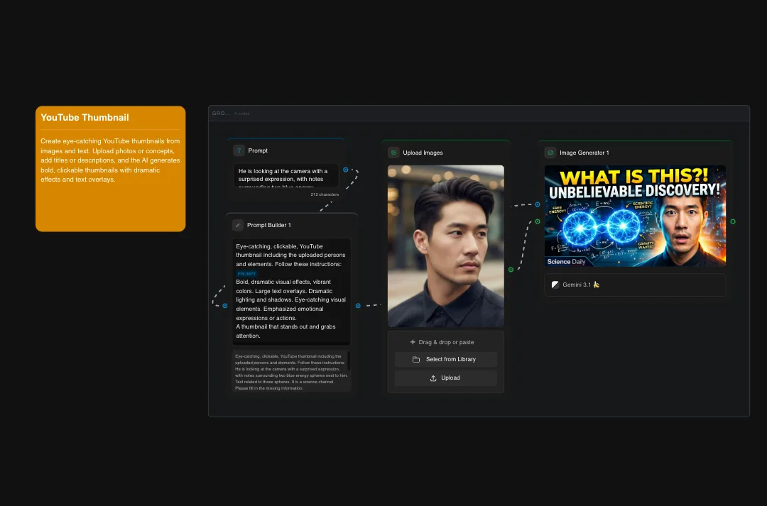 AI-powered YouTube thumbnail creator interface with prompt builder, image upload, and AI generation tools for creating eye-catching video thumbnails