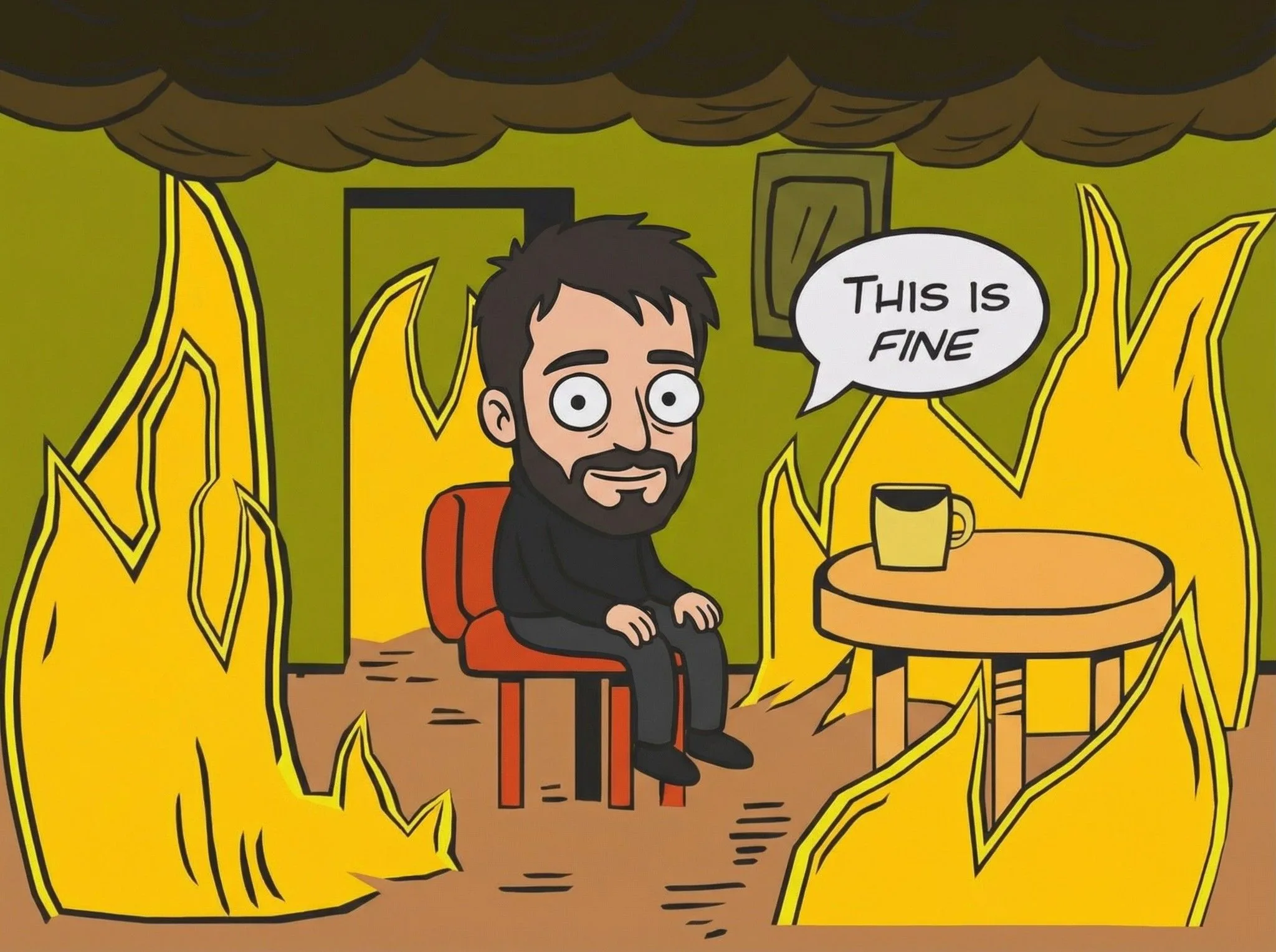 Cartoon man with beard sitting calmly on red chair surrounded by flames saying 'This is fine' - popular internet meme illustration