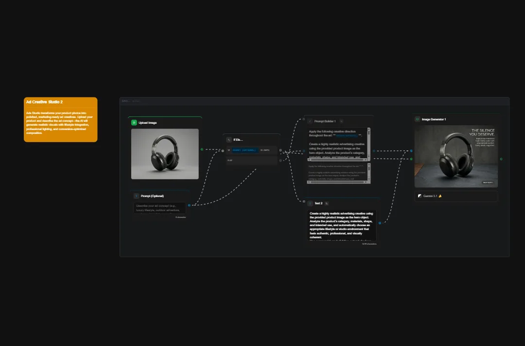 Adobe Creative Studio 2 interface showing AI-powered headphones image generation workflow with upload, prompt builder, and image generator tools on dark background