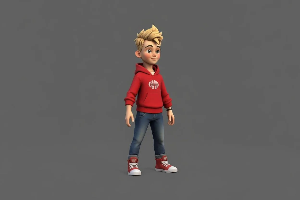 Young animated boy with blonde spiky hair wearing red hoodie and sneakers, 3D cartoon character design
